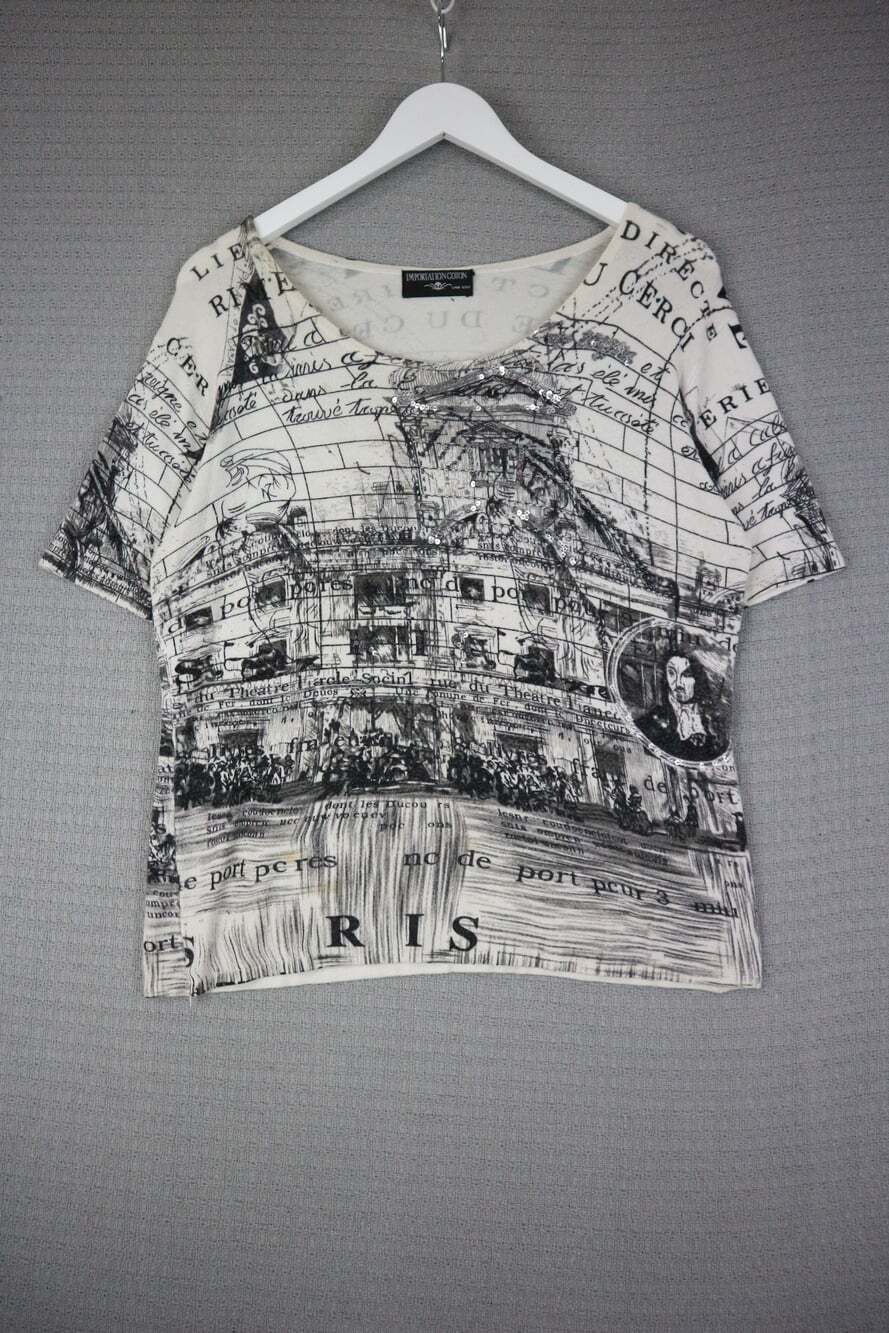 Importation Coton All over Print Sequin Design Tee Medium M Y2K